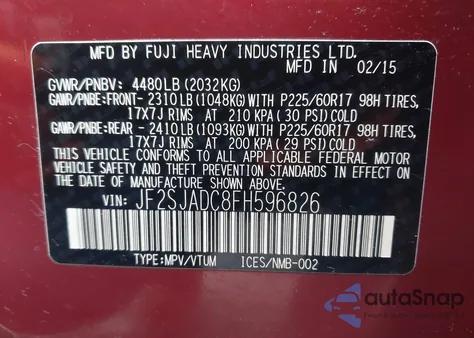 2015 Subaru Forester 2.5I Premium from USA, damaged, VIN JF2SJADC8FH596826